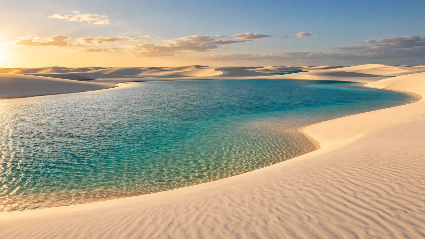 Witte zandduinen en turquoise lagune in Lencois Maranhenses