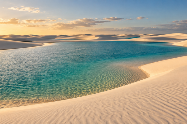 Witte zandduinen en turquoise lagune in Lencois Maranhenses